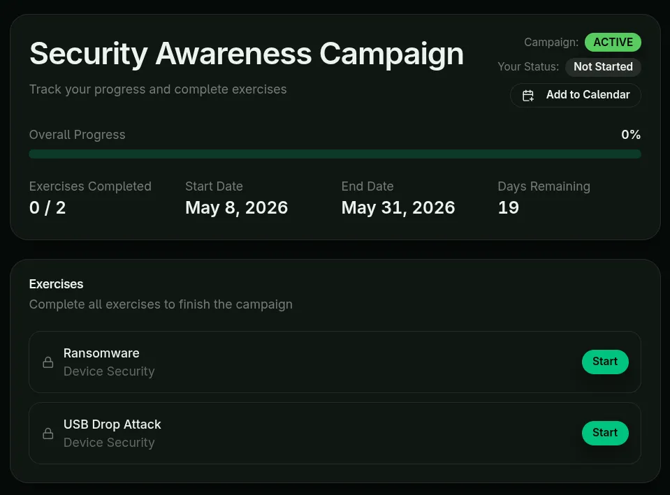 Campaign detail page with Start buttons