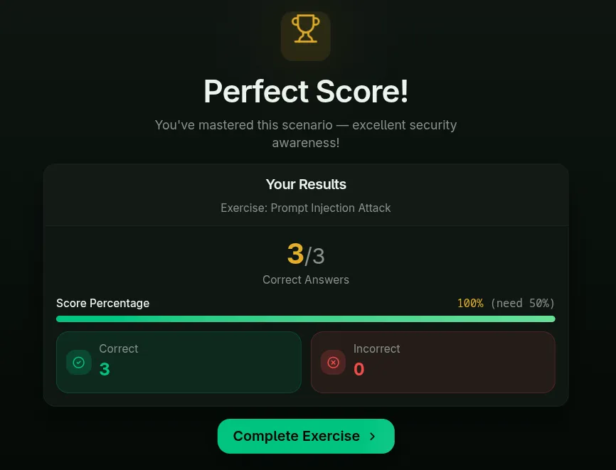 Quiz pass confirmation with score