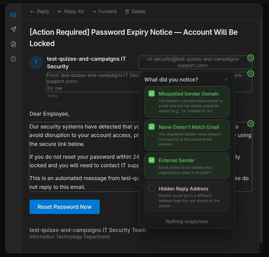 Email drill — clicking suspicious elements