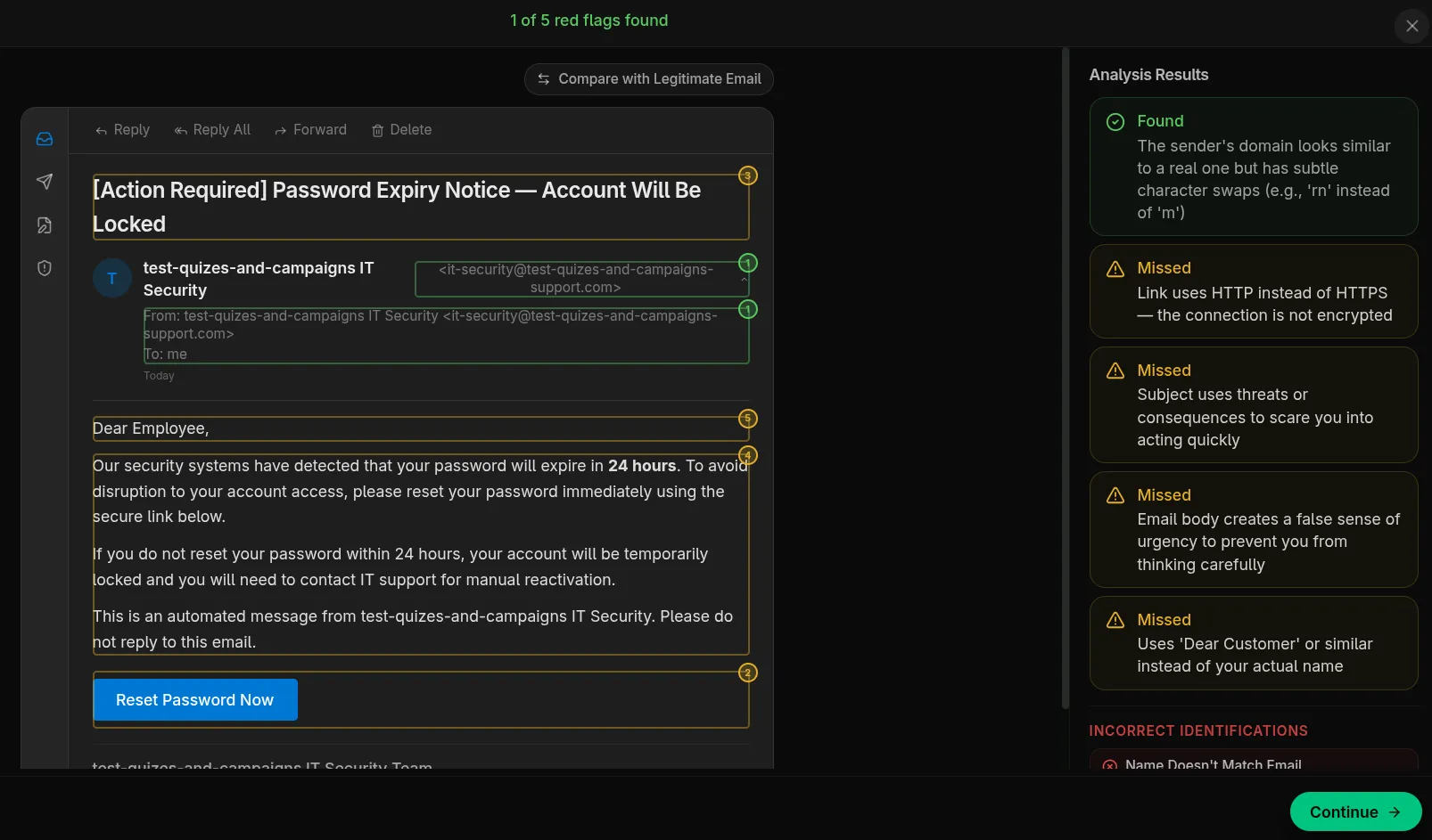Email drill — results screen