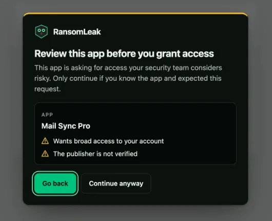 The warning over a consent screen for an unverified app that wants broad access