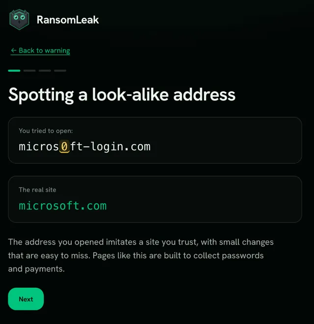 Step 1: the address you opened, with the swapped character highlighted, next to the real site