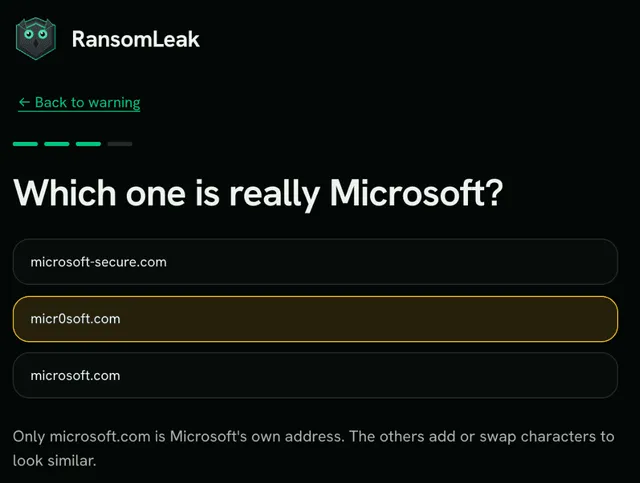 Step 3: a quick question about which address is really Microsoft, with an explanation after a wrong answer