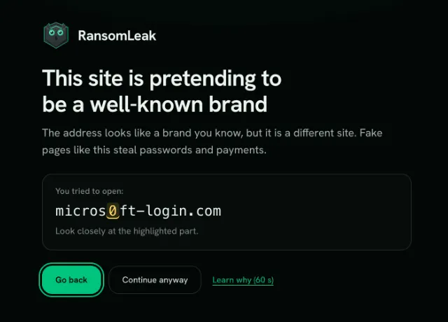 The warning page for a site imitating Microsoft, with the look-alike character highlighted
