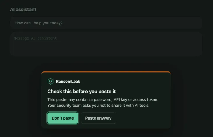 The paste warning on an AI tool, with Don’t paste and Paste anyway
