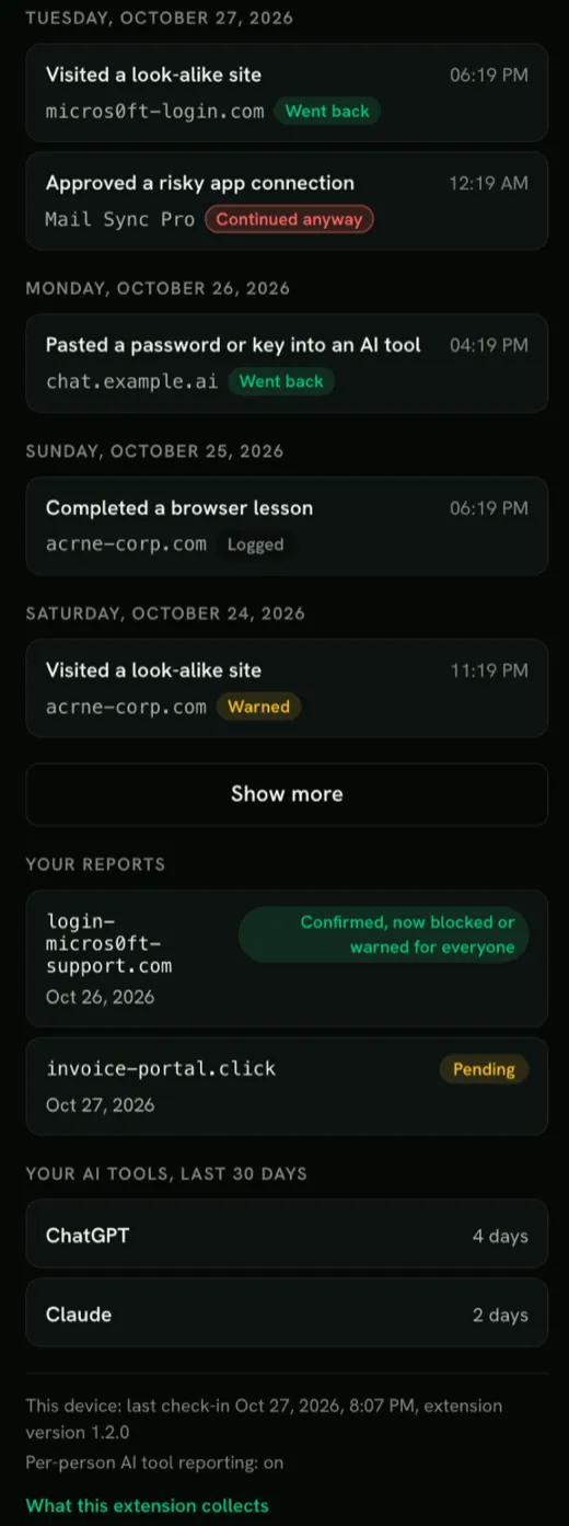 Further down the popup: events, Show more, your reports and your AI tools