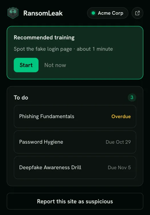 The extension popup with recommended training, the To do list and the report button