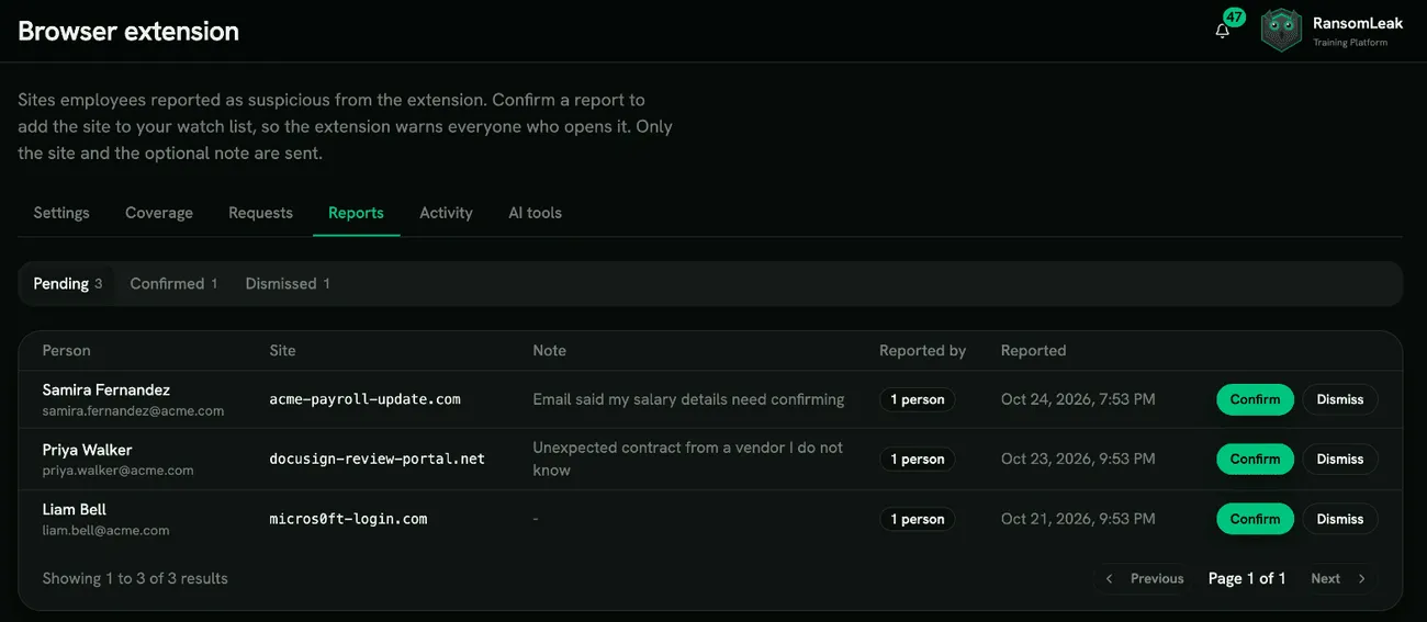 The Reports tab with pending reports and Confirm and Dismiss buttons