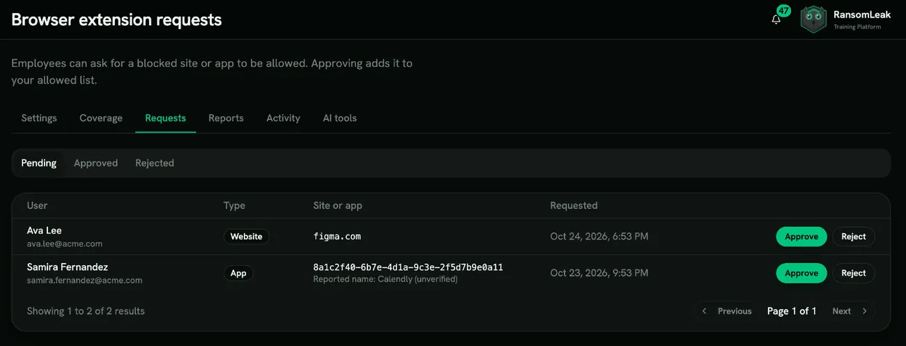 The Requests tab with a pending website and app request