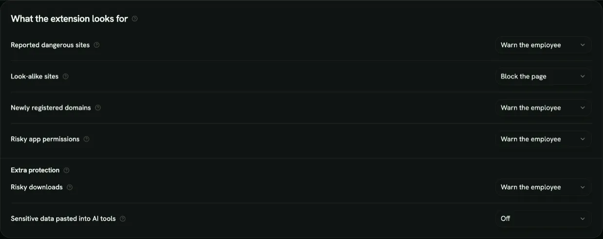Browser extension detector settings