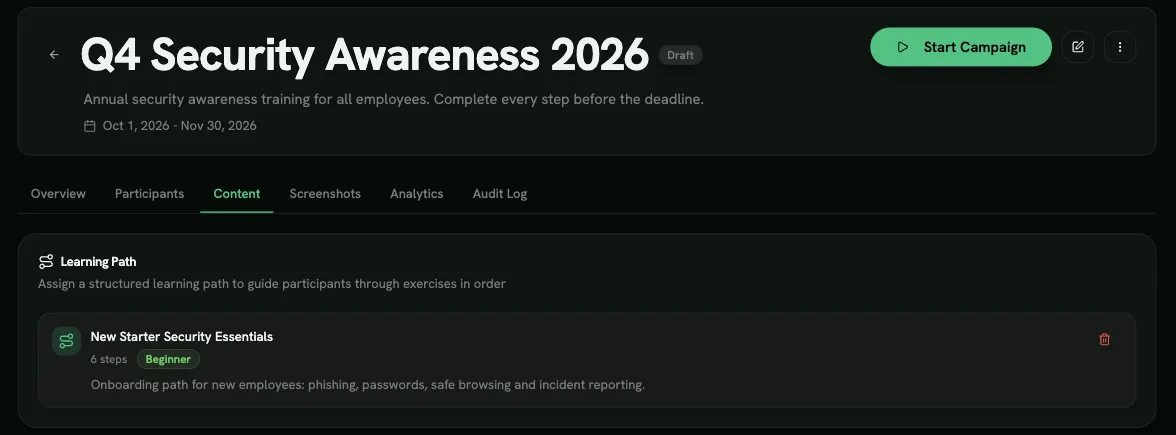 A campaign’s Content tab with a learning path assigned
