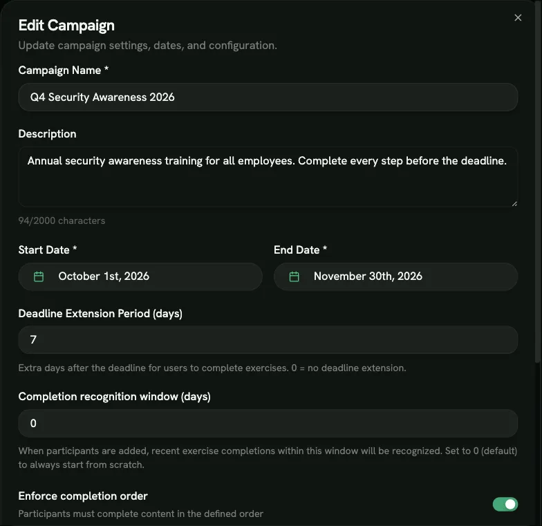Campaign settings: dates, deadline extension, recognition window and completion order