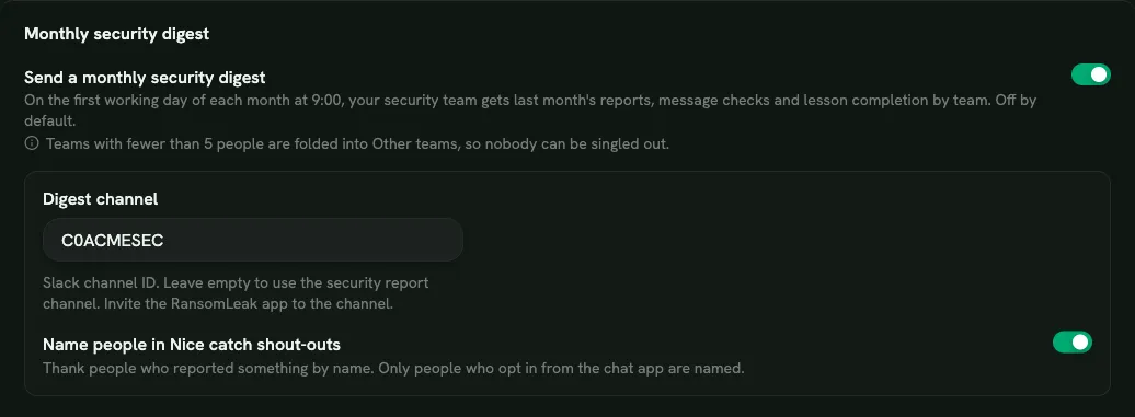 The monthly digest settings: on or off, digest channel and named shout-outs