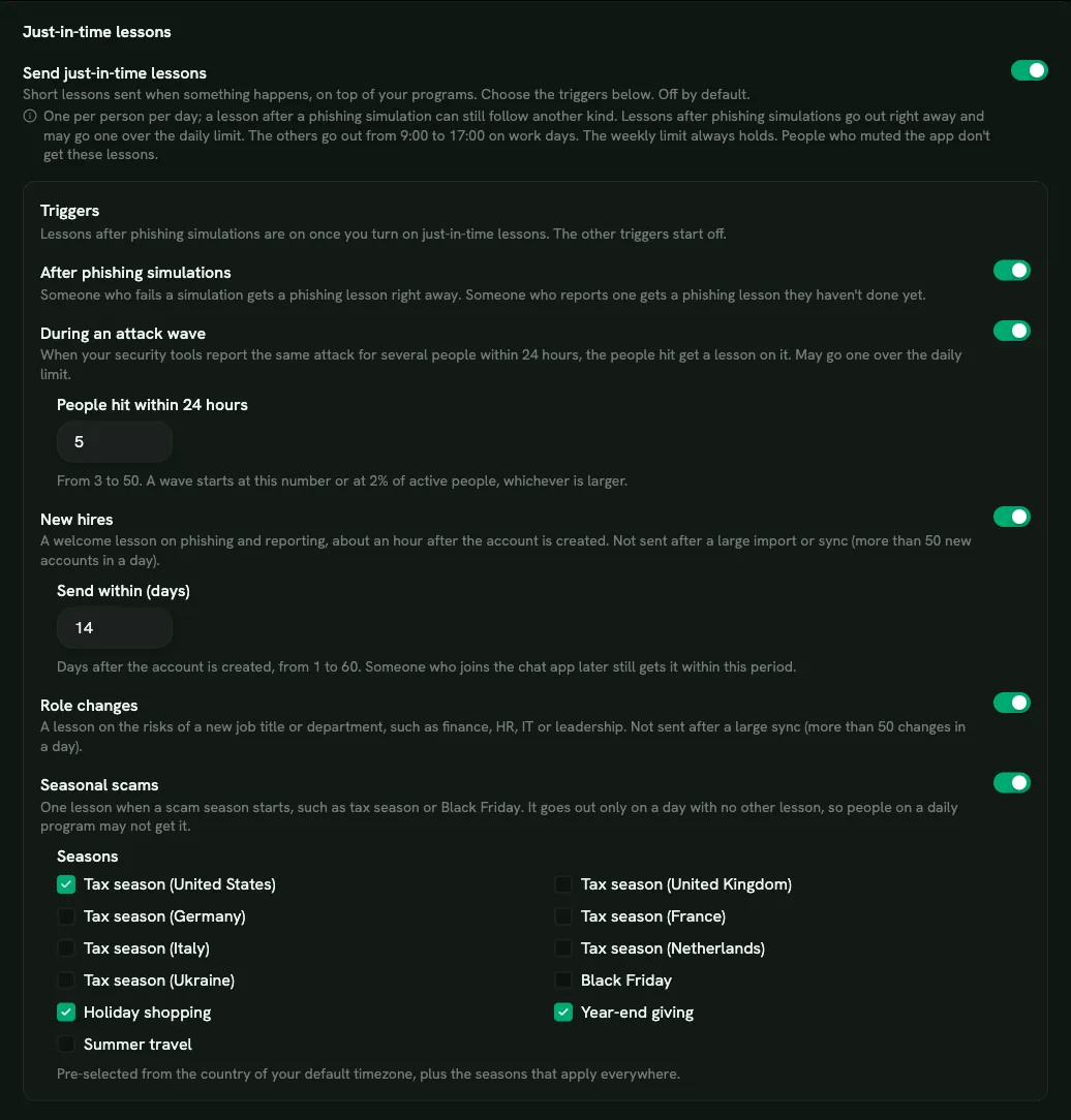 Just-in-time lesson settings: triggers, attack-wave threshold, new-hire window and seasons