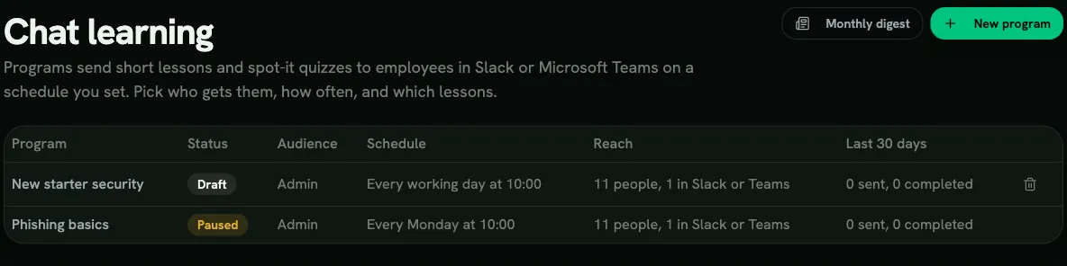 The Chat Learning programs list