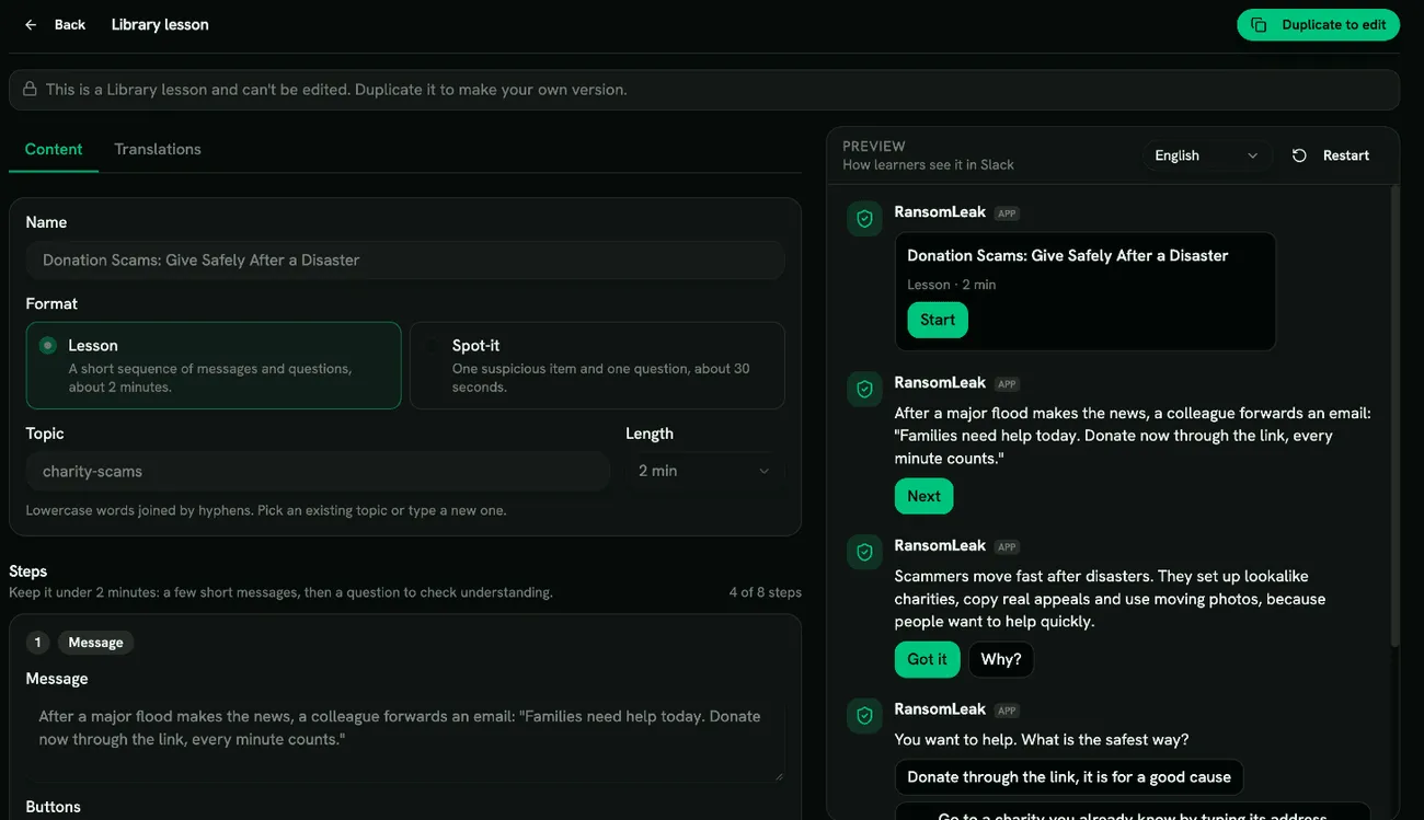 The chat lesson editor with a live Slack preview