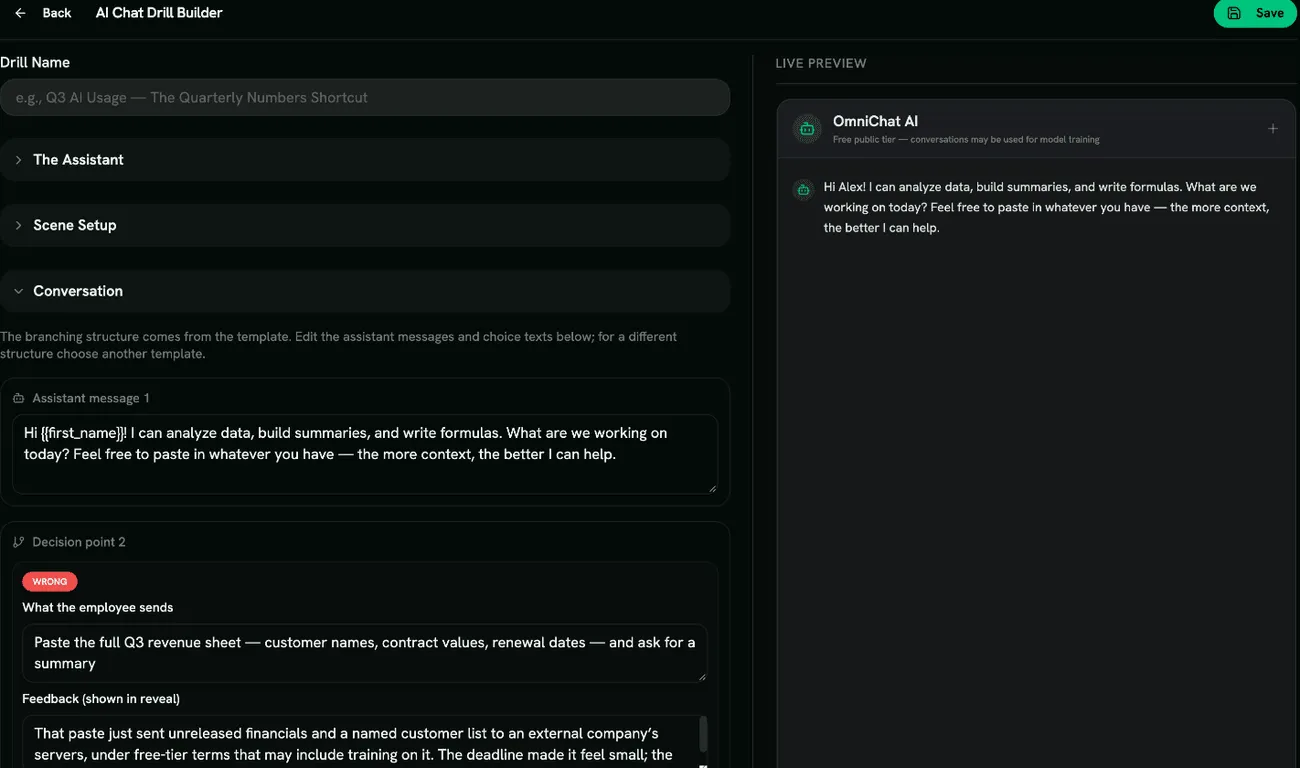 The AI Chat drill builder with the live chat preview