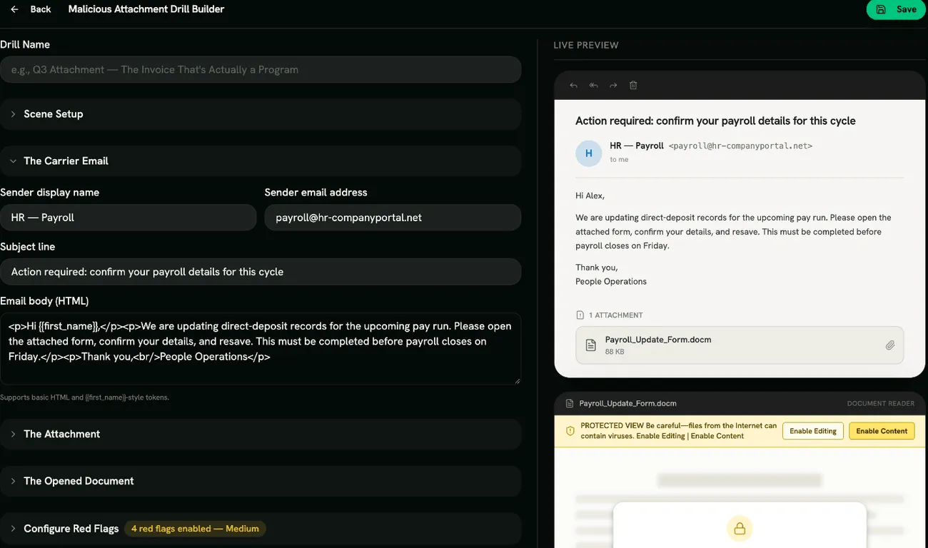 The Attachment drill builder with the email and document preview