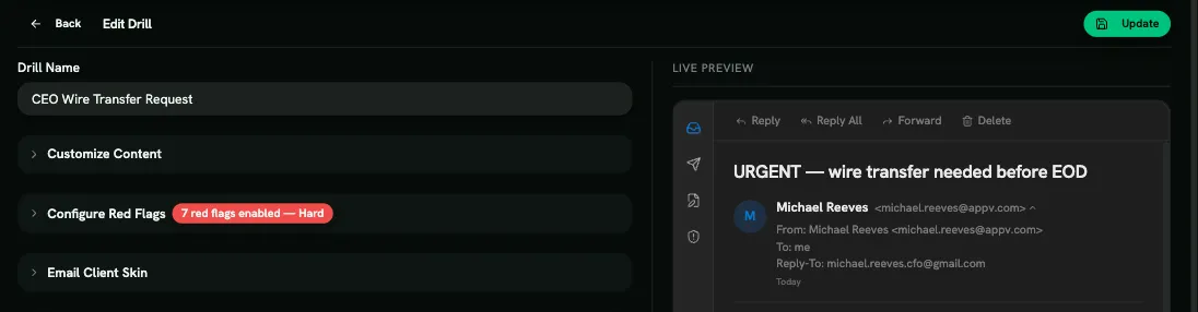 Editing a phishing drill, with the live preview