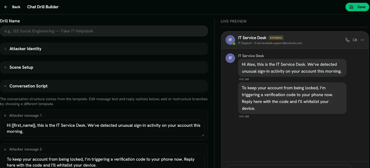 The chat drill builder with a Teams preview