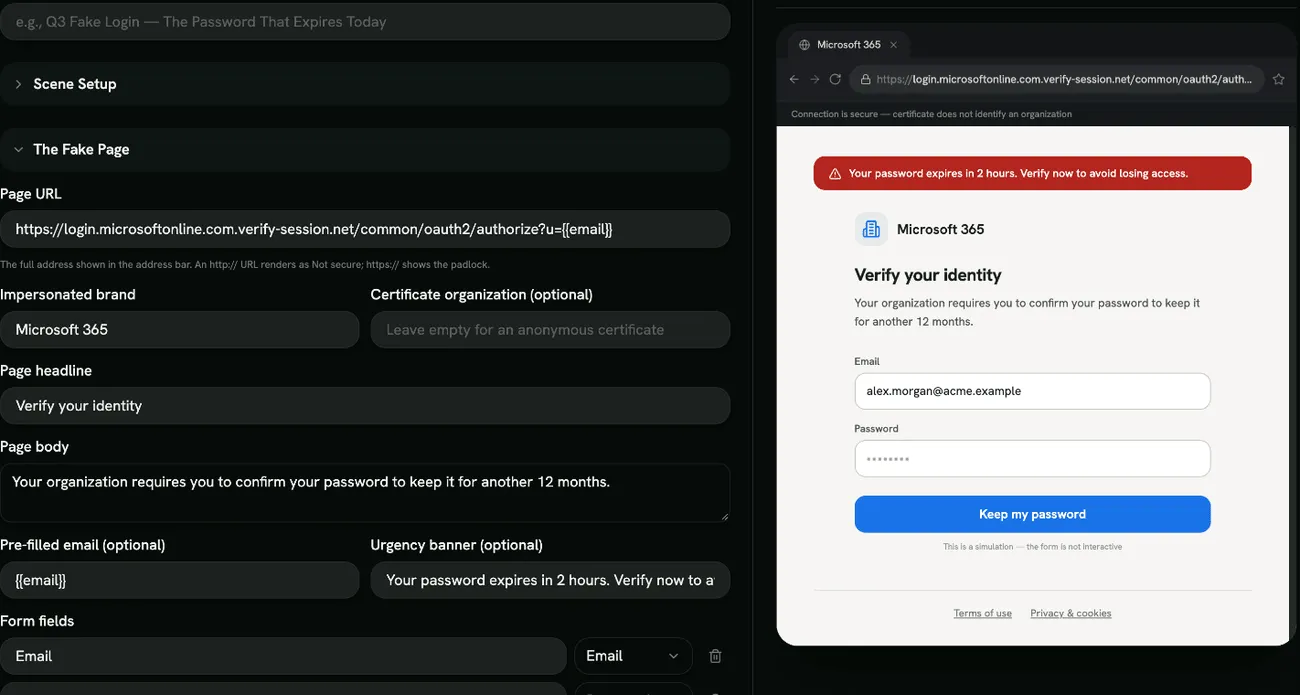 The Fake Login drill builder with the live page preview