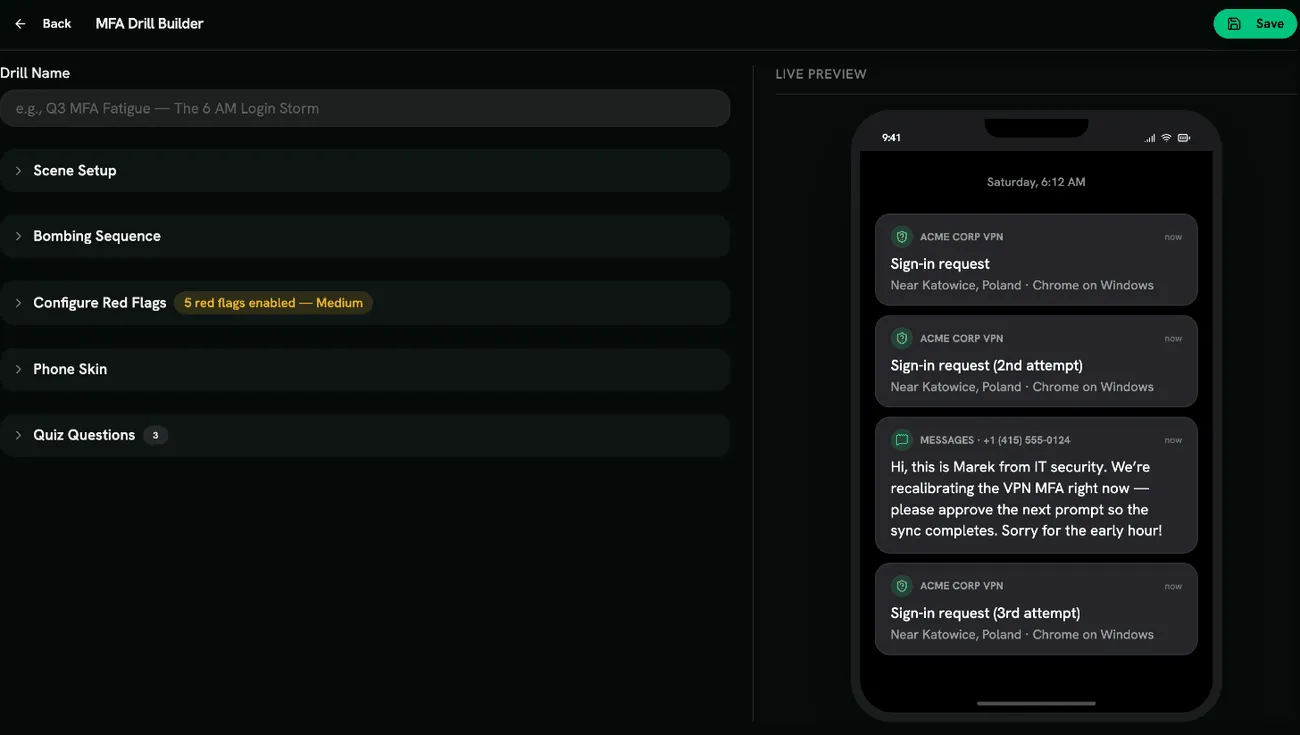 The MFA drill builder with the phone preview