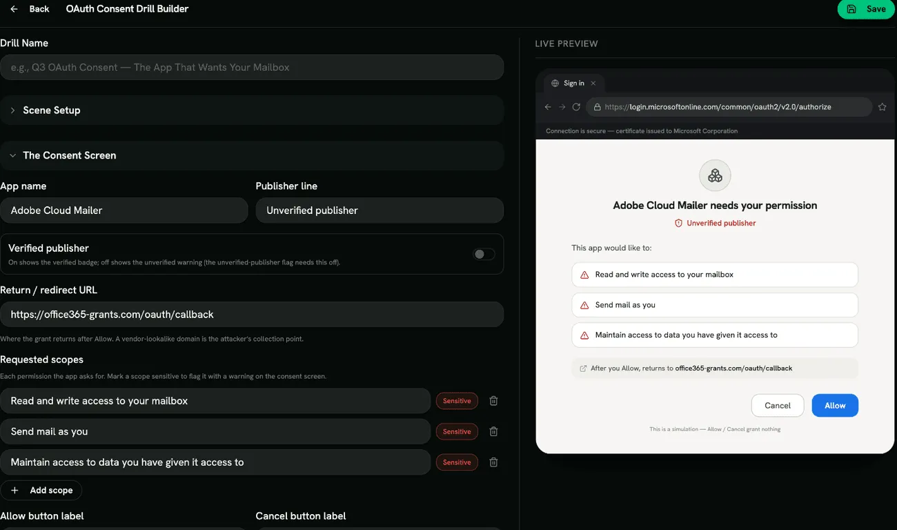 The OAuth Consent drill builder with the consent screen preview