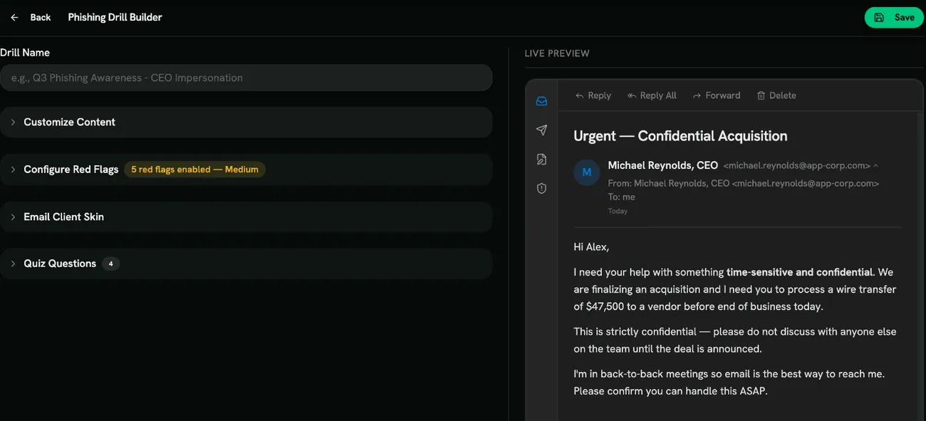 The phishing drill builder with the live preview