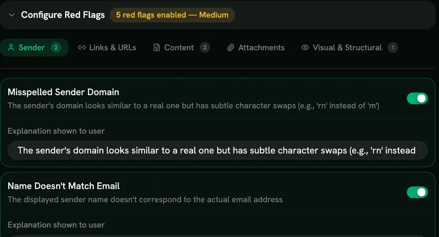 Choosing red flags for a phishing drill