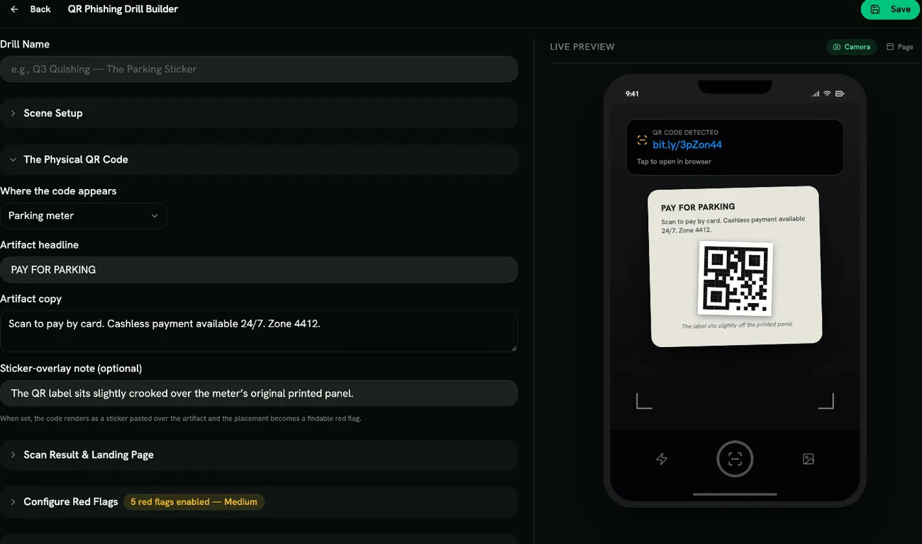 The QR phishing drill builder with the camera and page previews