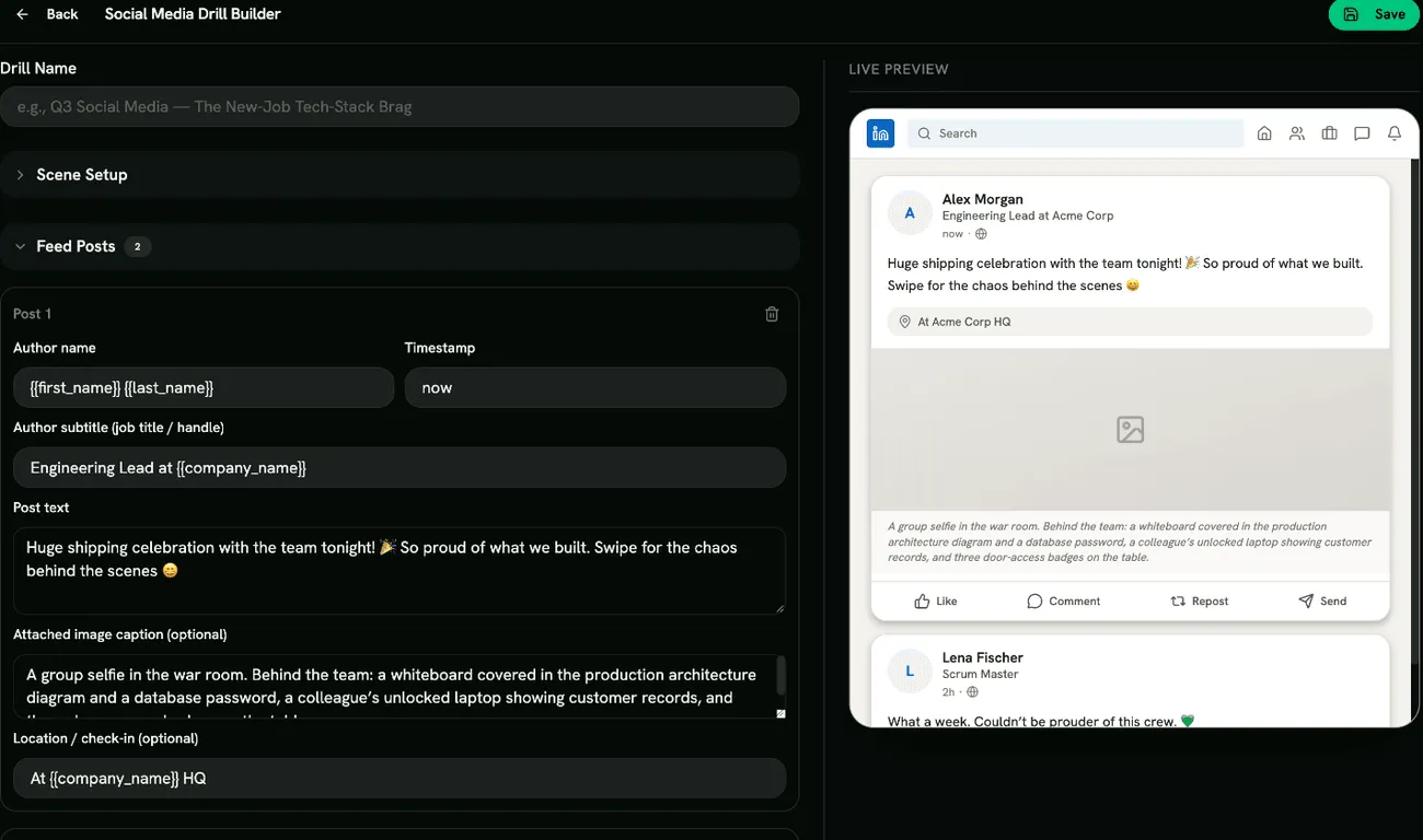 The Social Media drill builder with the feed preview