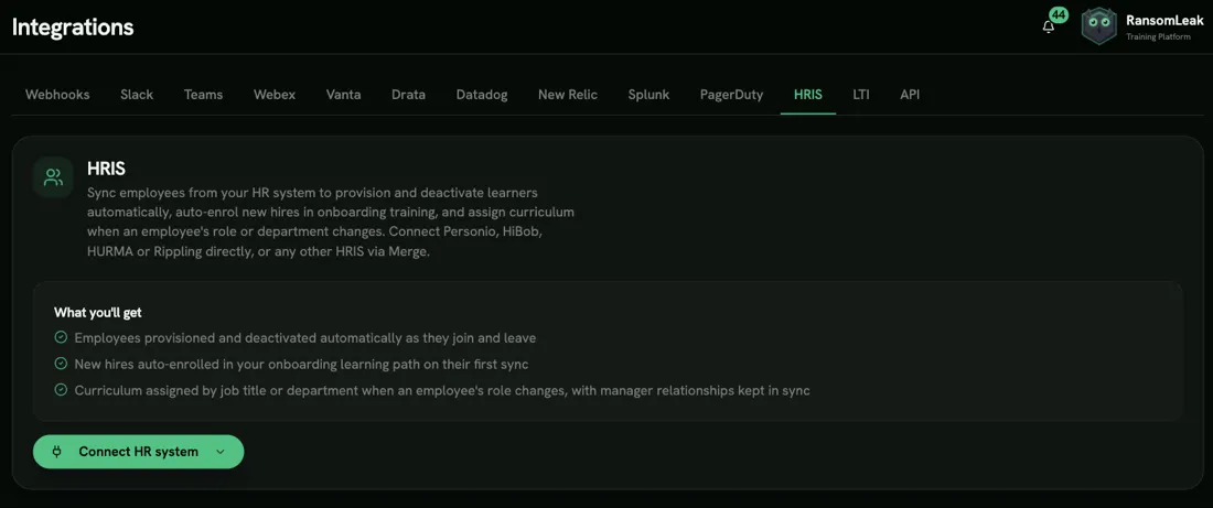 The HRIS integration tab