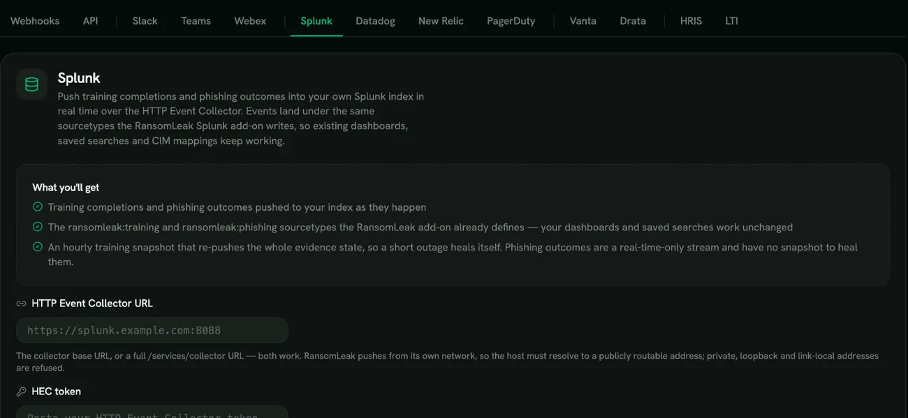 The Integrations page with the security tool tabs