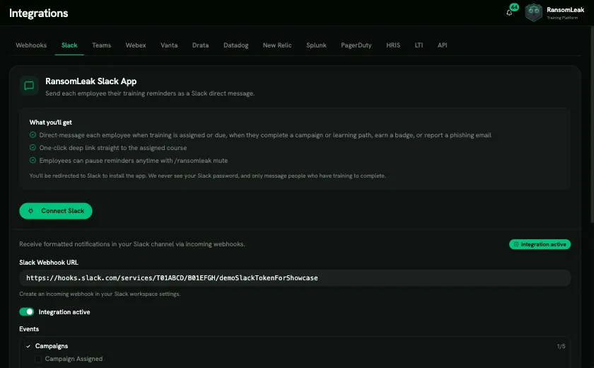 The Slack integration tab