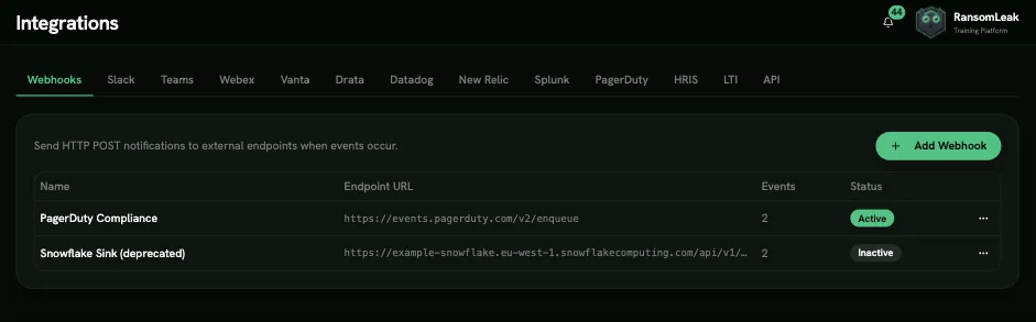 The Webhooks tab
