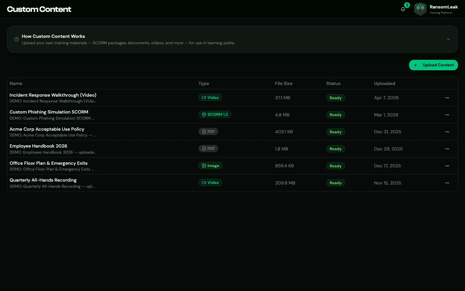 The Custom Content page
