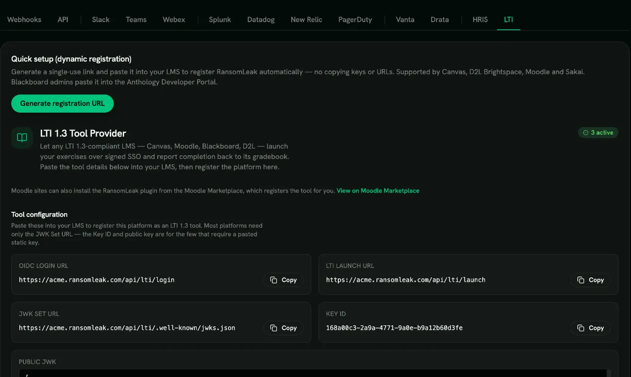 The LTI integration page