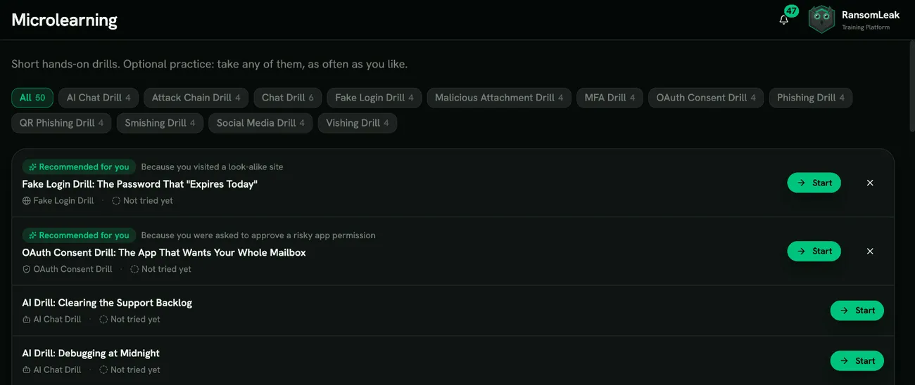 Microlearning tab with two drills recommended by the browser extension