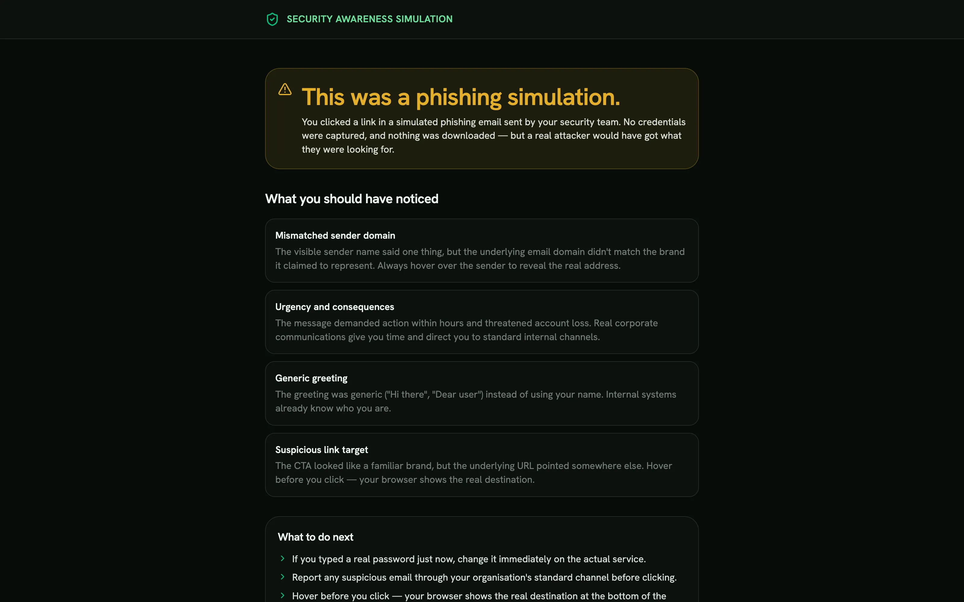 The teaching page shown to someone who fell for a simulation