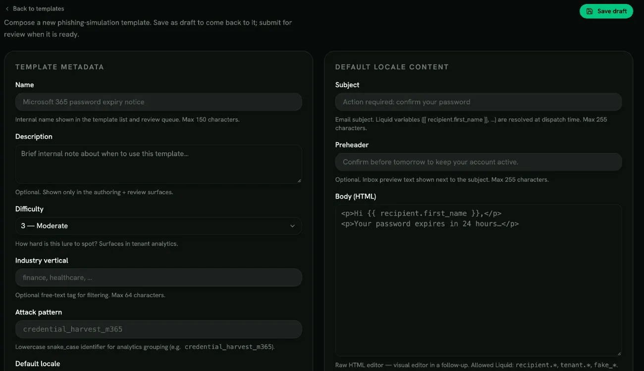 The template editor with metadata and locale content