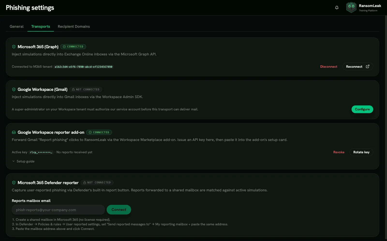 Sending transports in Phishing Simulations settings