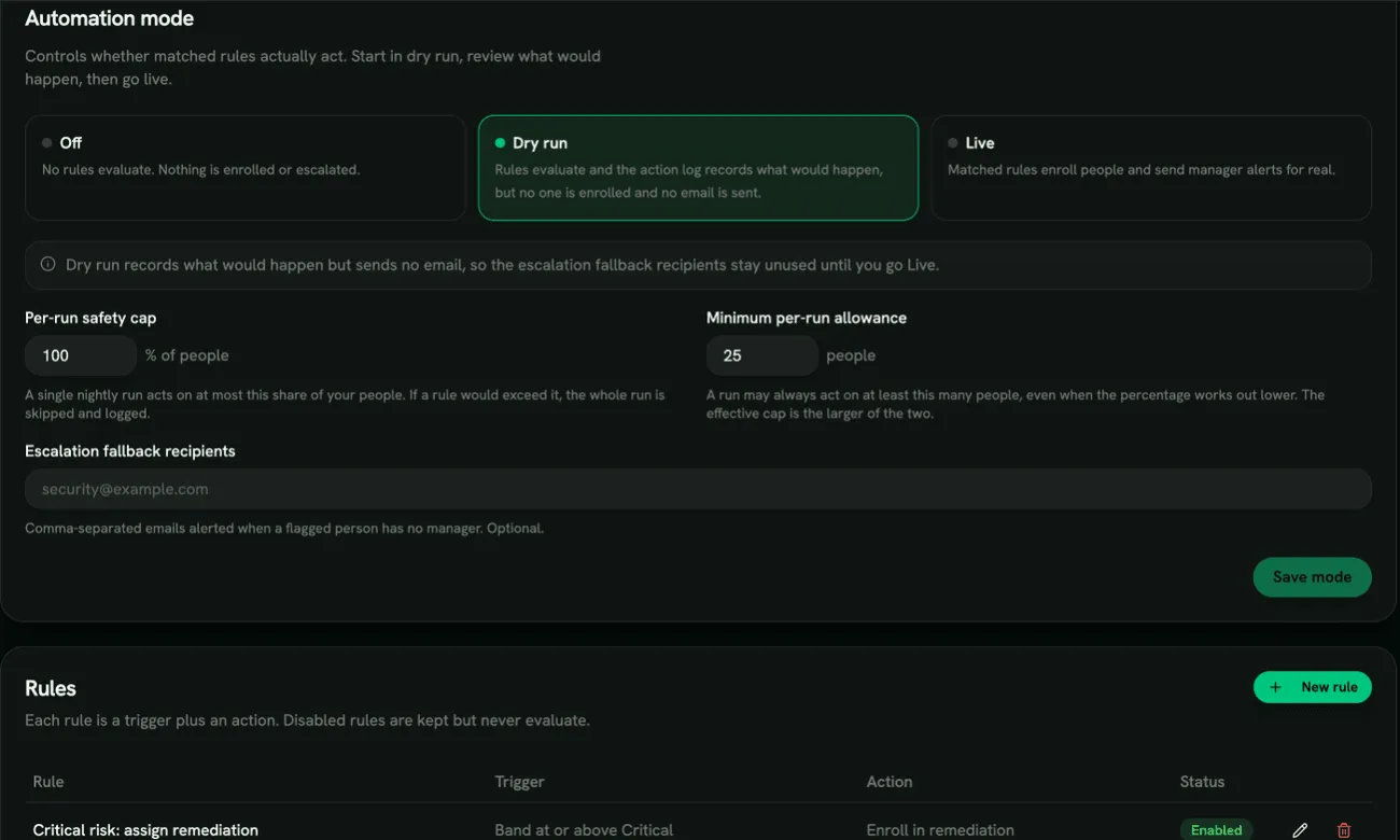The Risk automation page with mode, rules and action log