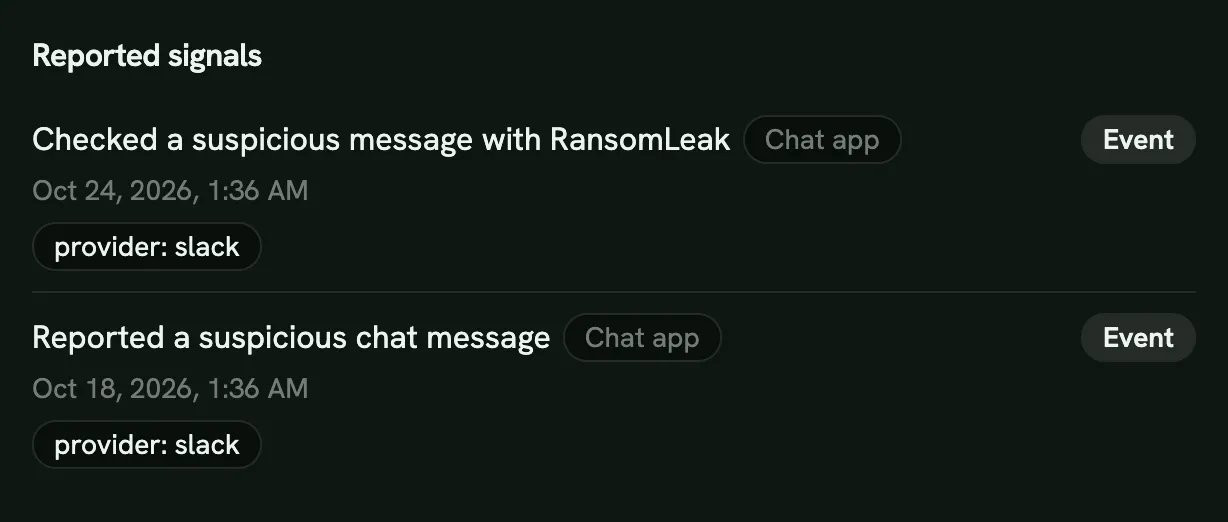 Chat app reports and message checks in a person’s reported signals