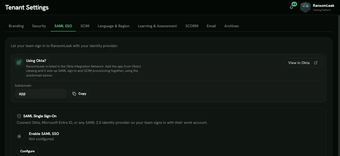 The SAML SSO settings tab