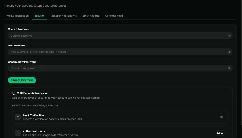 The Security tab: password and multi-factor authentication