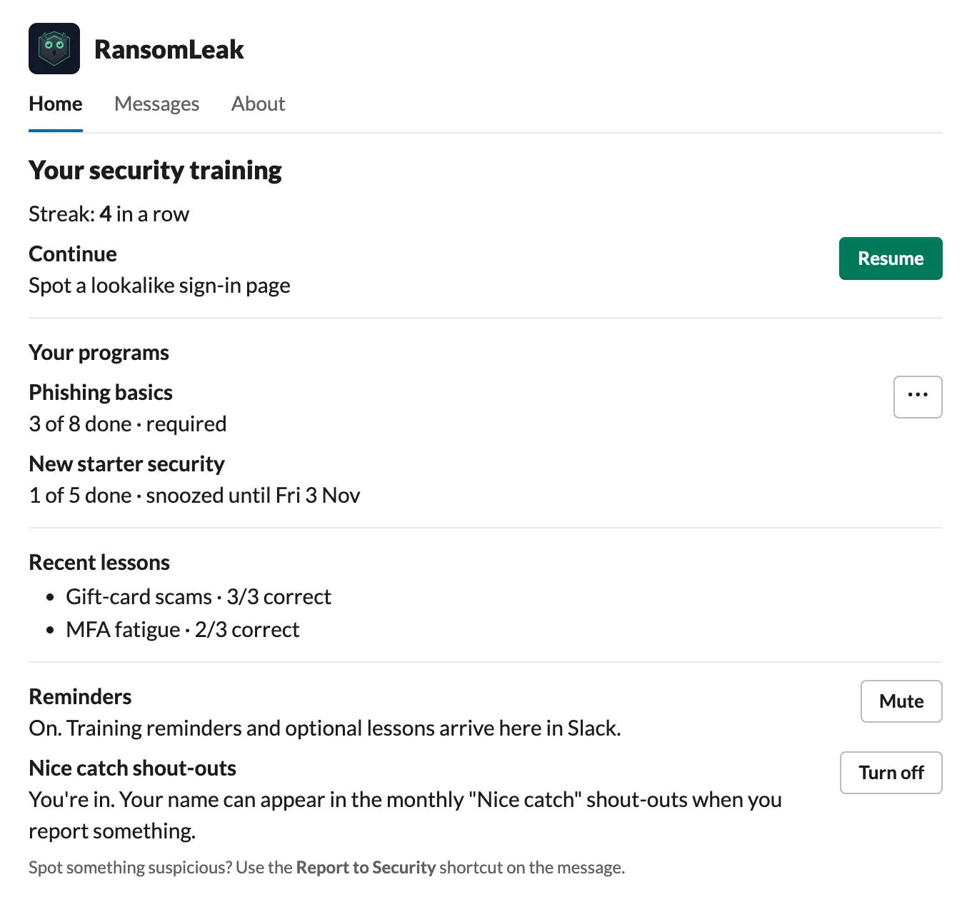 The RansomLeak App Home tab: streak, Resume, programs with a snooze menu, Mute and shout-outs