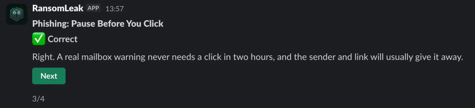 The same message after answering: Correct, with an explanation and a Next button