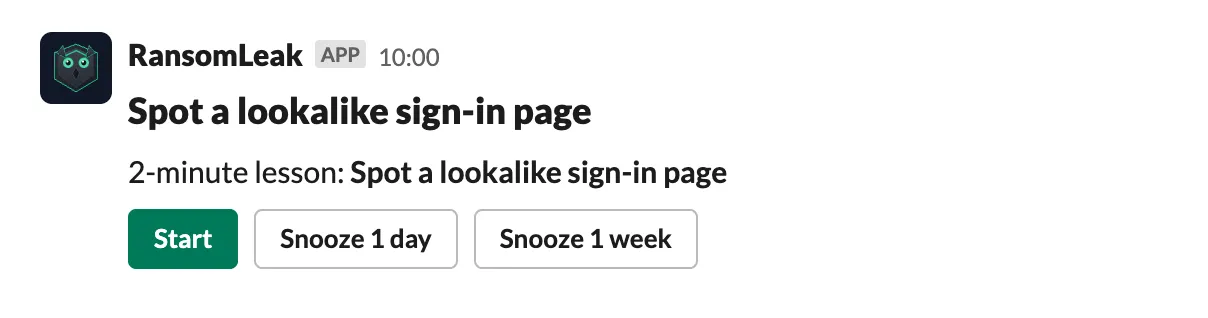 A lesson in Slack: the first card with Start and Snooze buttons