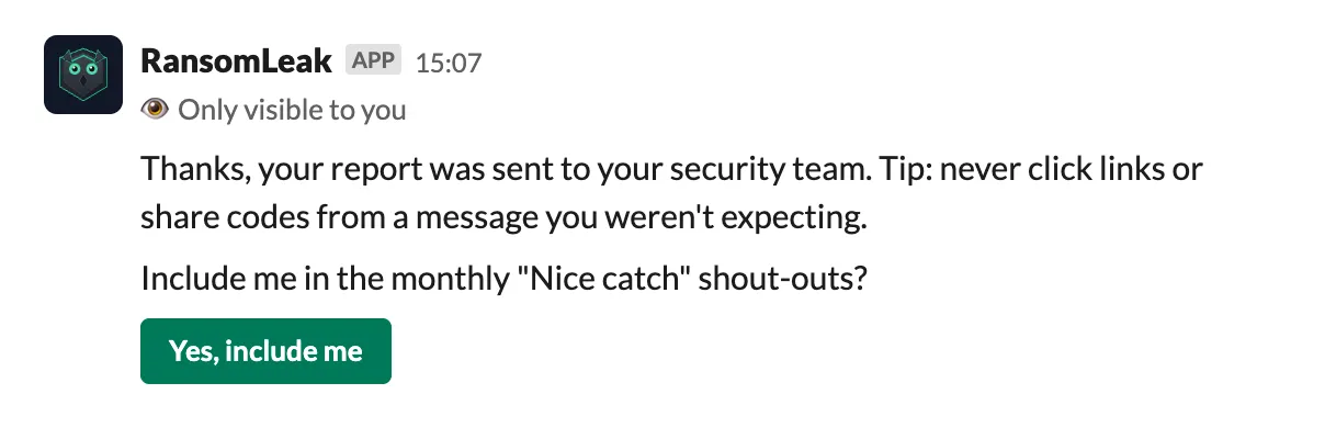 After your first report, the thank-you message asks whether to include you in the shout-outs