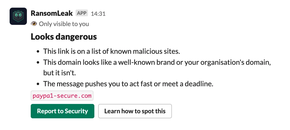A check result only you can see: Looks dangerous, with reasons and Report to Security and Learn how to spot this buttons